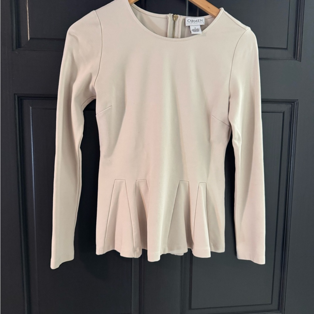 Carmen Marc Valvo Cream Long Sleeve Peplum Blouse